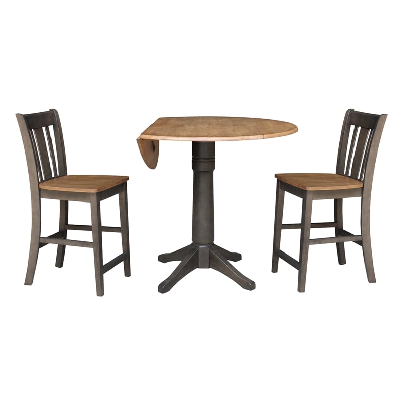 42 in Round Drop Leaf Counter Height Table with 2 Stools in Hickory/Washed Coal