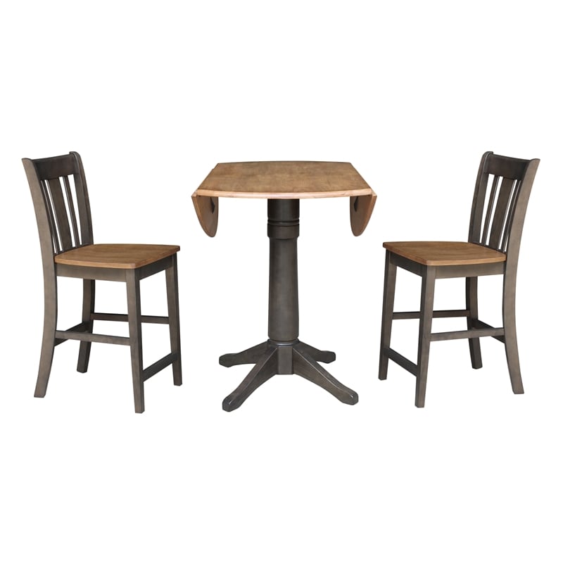 42 in Round Drop Leaf Counter Height Table with 2 Stools in Hickory/Washed Coal