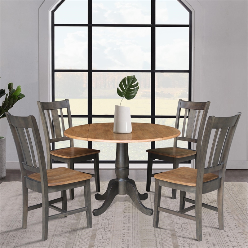 Wood 42 in. Round Drop Leaf Dining Table with 4 Chairs in Hickory/Washed Coal