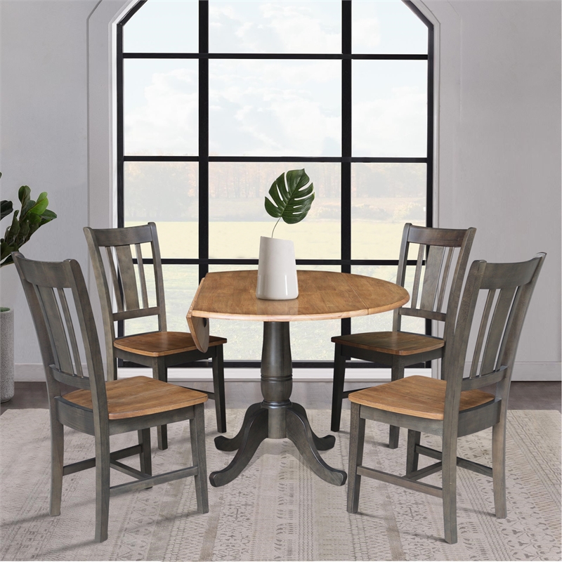 Wood 42 in. Round Drop Leaf Dining Table with 4 Chairs in Hickory/Washed Coal