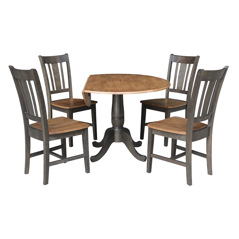 Wood 42 in. Round Drop Leaf Dining Table with 4 Chairs in Hickory/Washed Coal