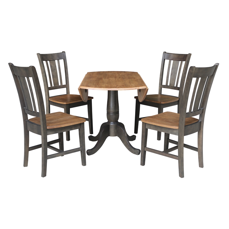 Wood 42 in. Round Drop Leaf Dining Table with 4 Chairs in Hickory/Washed Coal