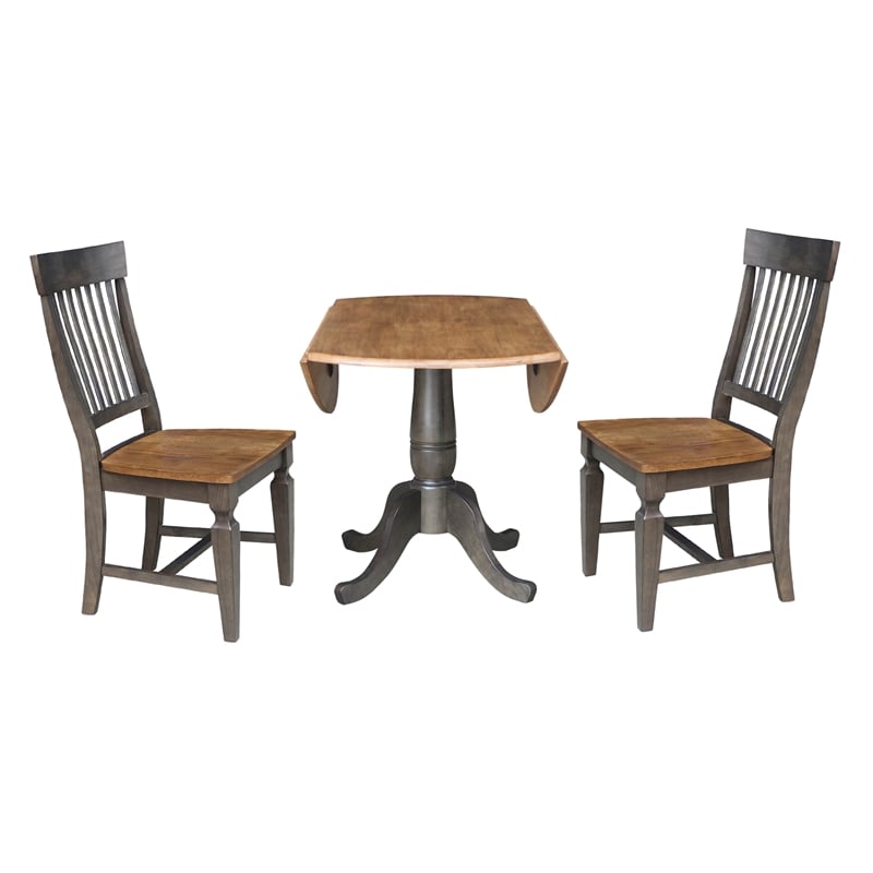 Wood 42 in. Round Drop Leaf Dining Table with 2 Chairs in Hickory/Washed Coal