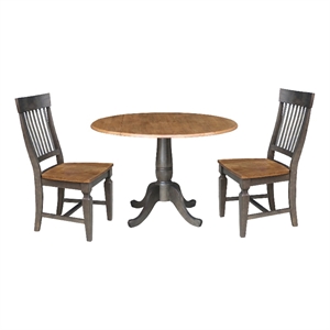 Wood 42 in. Round Drop Leaf Dining Table with 2 Chairs in Hickory/Washed Coal