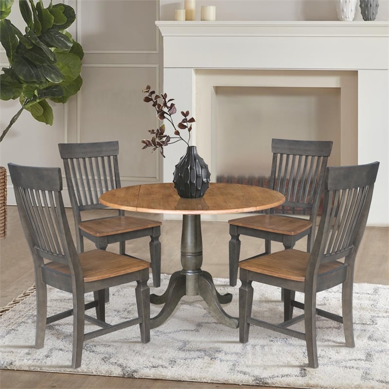 Wood 42 in. Round Drop Leaf Dining Table with 4 Chairs in Hickory/Washed Coal