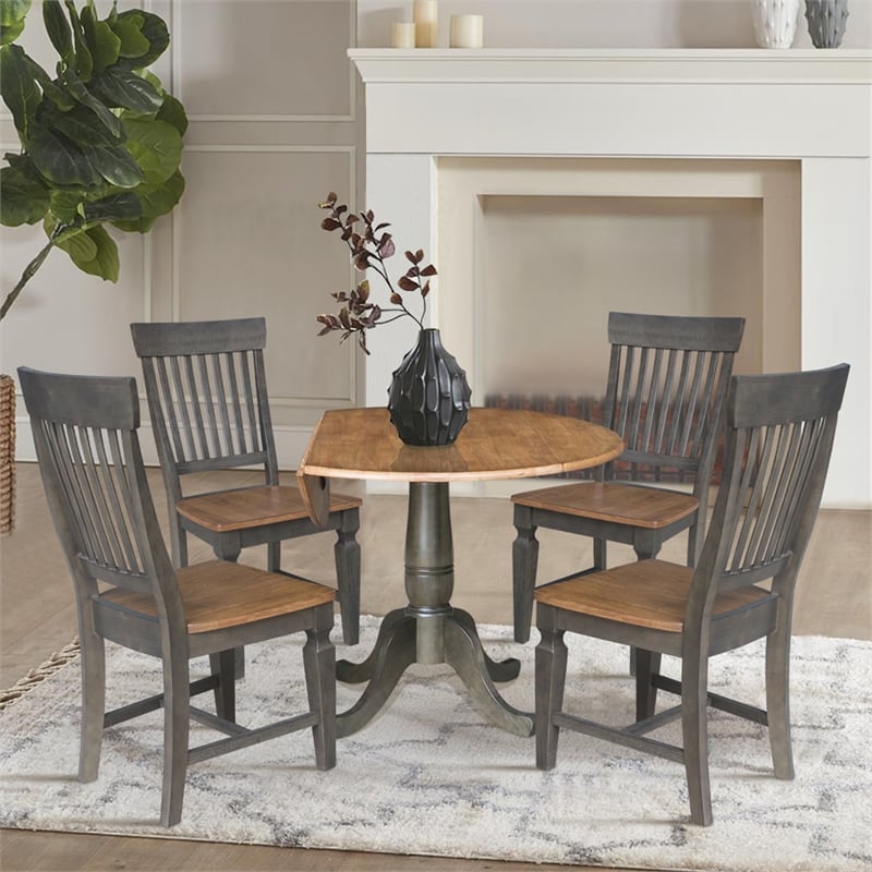 Wood 42 in. Round Drop Leaf Dining Table with 4 Chairs in Hickory/Washed Coal
