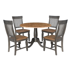 Wood 42 in. Round Drop Leaf Dining Table with 4 Chairs in Hickory/Washed Coal