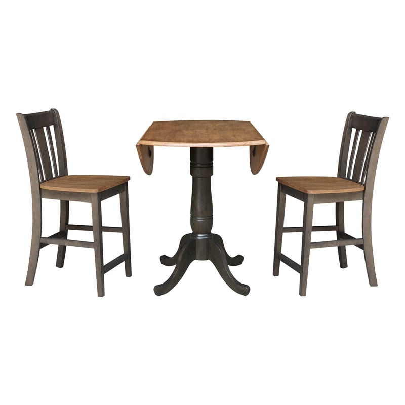 42 in Round Drop Leaf Counter Height Table with 2 Stools in Hickory/Washed Coal