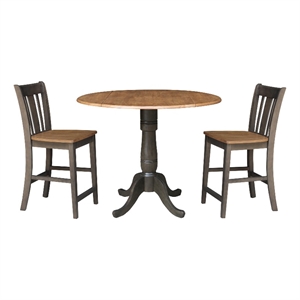 42 in Round Drop Leaf Counter Height Table with 2 Stools in Hickory/Washed Coal