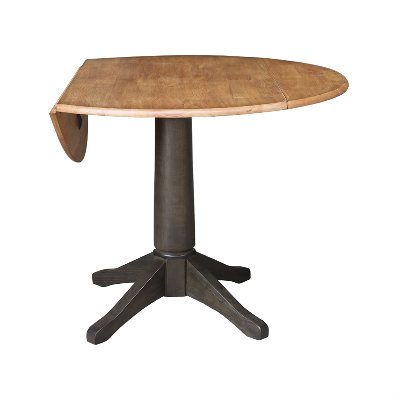 Wood 42 in. Round Top Drop Leaf Pedestal Dining Table in Hickory/Washed Coal