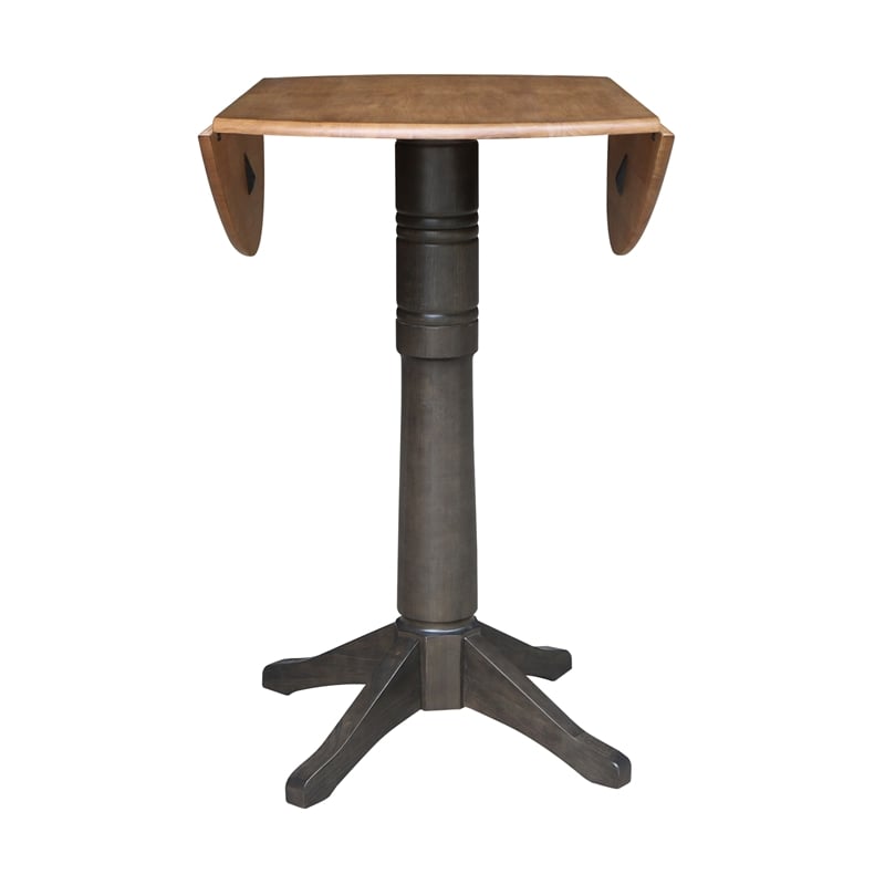 Wood 42 in. Round Drop Leaf Bar Height Dining Table in Hickory/Washed Coal
