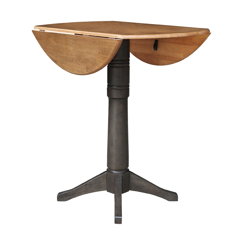 Wood 42 in. Round Drop Leaf Bar Height Dining Table in Hickory/Washed Coal