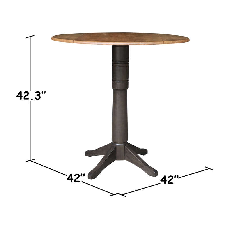 Wood 42 in. Round Drop Leaf Bar Height Dining Table in Hickory/Washed Coal