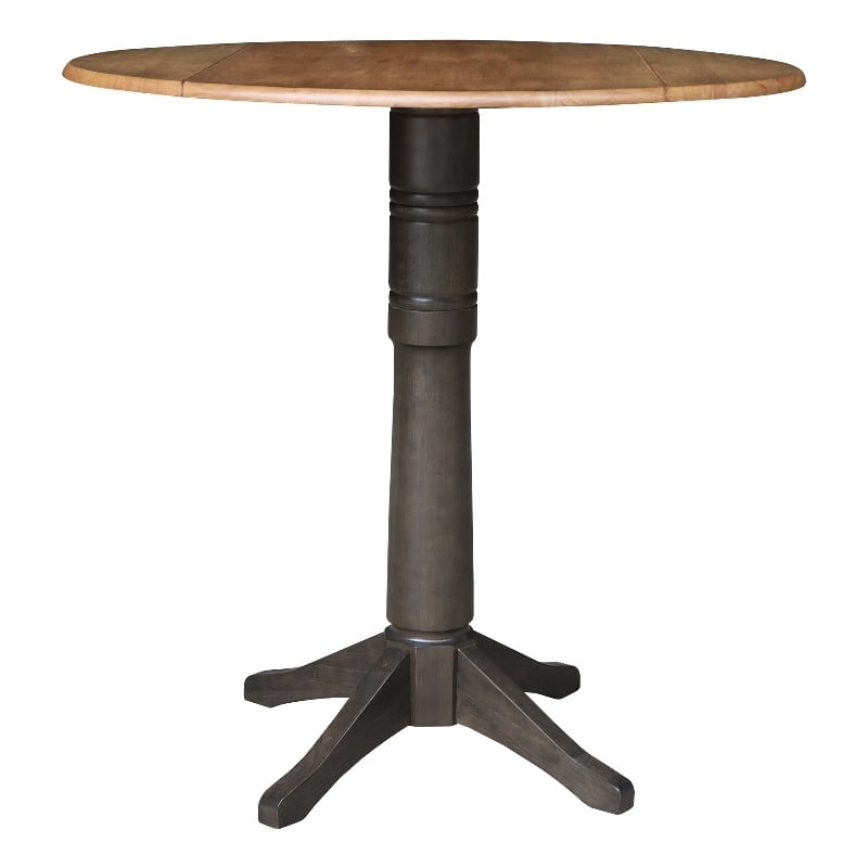 Wood 42 in. Round Drop Leaf Bar Height Dining Table in Hickory/Washed Coal