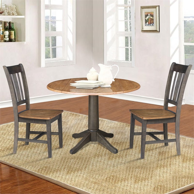 Wood 42 in. Round Drop Leaf Dining Table with 2 Chairs in Hickory/Washed Coal