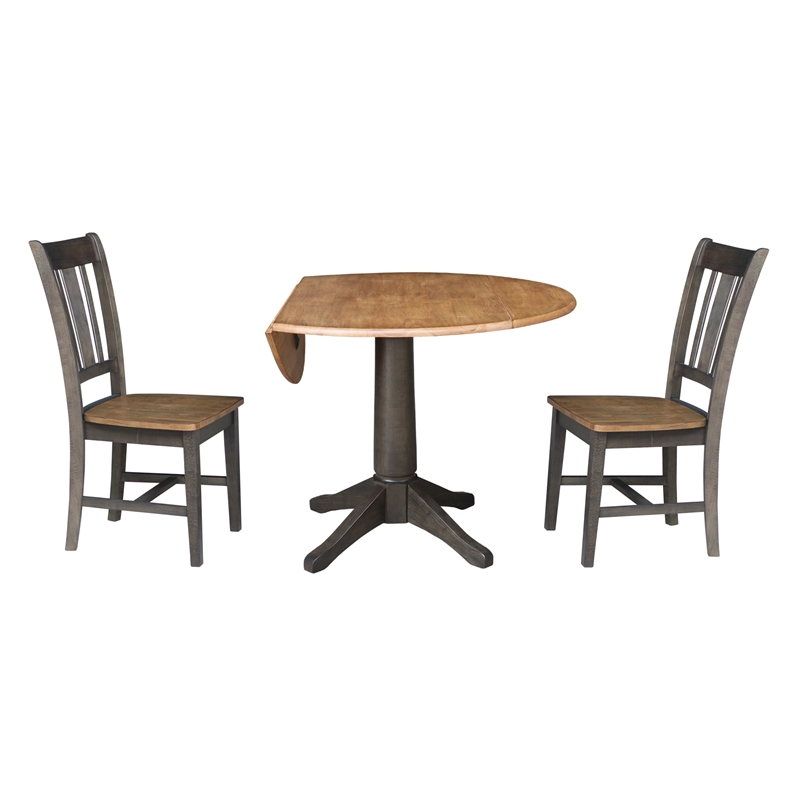 Wood 42 in. Round Drop Leaf Dining Table with 2 Chairs in Hickory/Washed Coal