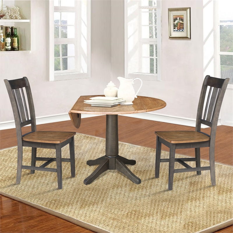 Wood 42 in. Round Drop Leaf Dining Table with 2 Chairs in Hickory/Washed Coal