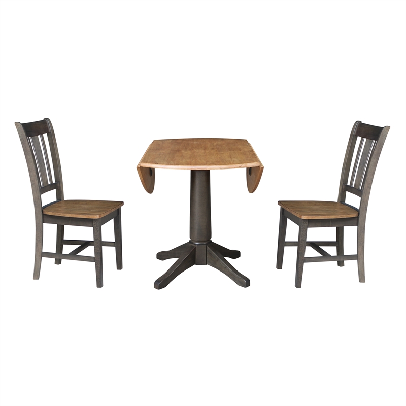 Wood 42 in. Round Drop Leaf Dining Table with 2 Chairs in Hickory/Washed Coal