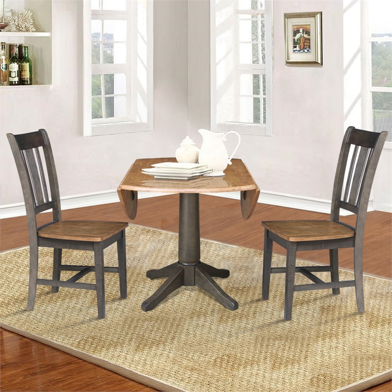 Wood 42 in. Round Drop Leaf Dining Table with 2 Chairs in Hickory/Washed Coal