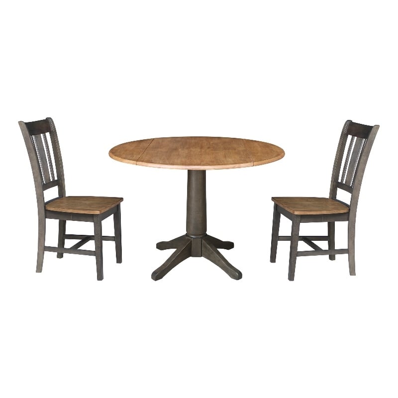 Wood 42 in. Round Drop Leaf Dining Table with 2 Chairs in Hickory/Washed Coal