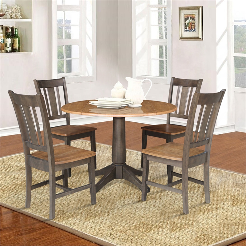 Wood 42 in. Round Drop Leaf Dining Table with 4 Chairs in Hickory/Washed Coal