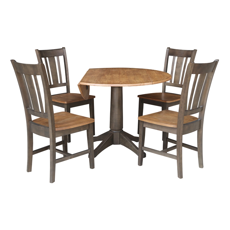 Wood 42 in. Round Drop Leaf Dining Table with 4 Chairs in Hickory/Washed Coal