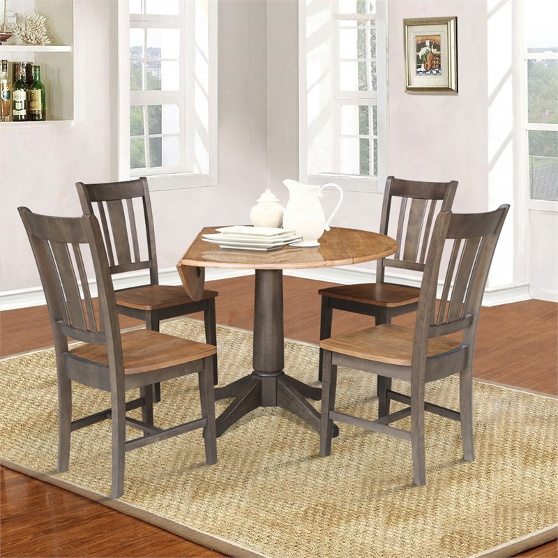 Wood 42 in. Round Drop Leaf Dining Table with 4 Chairs in Hickory/Washed Coal
