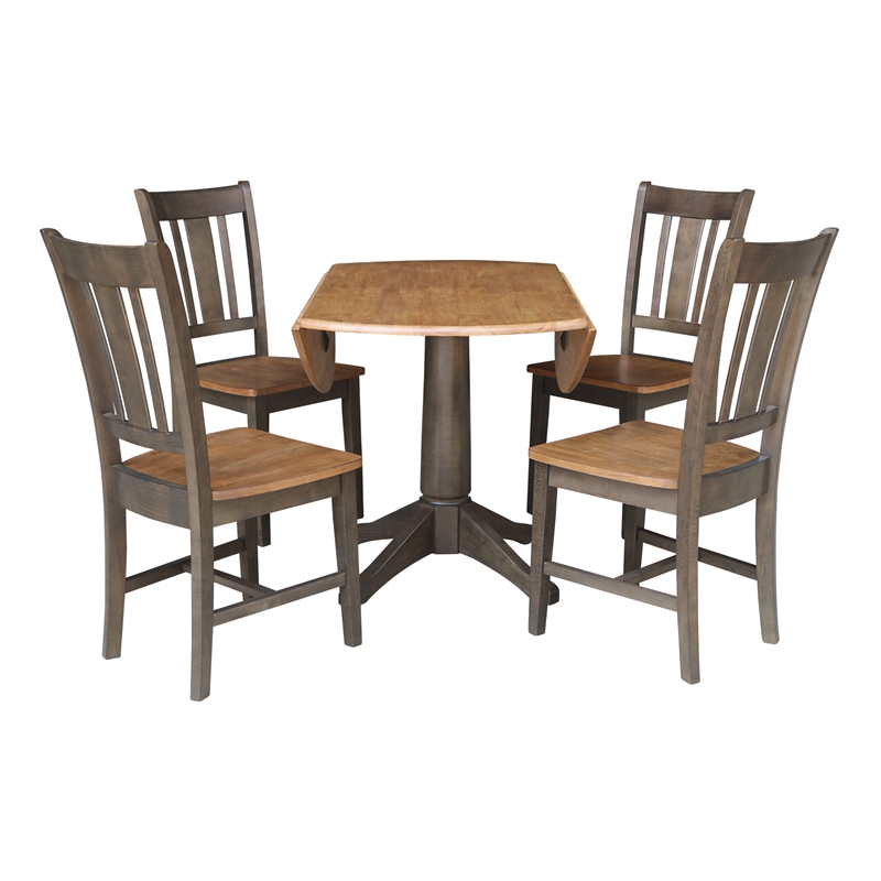 Wood 42 in. Round Drop Leaf Dining Table with 4 Chairs in Hickory/Washed Coal