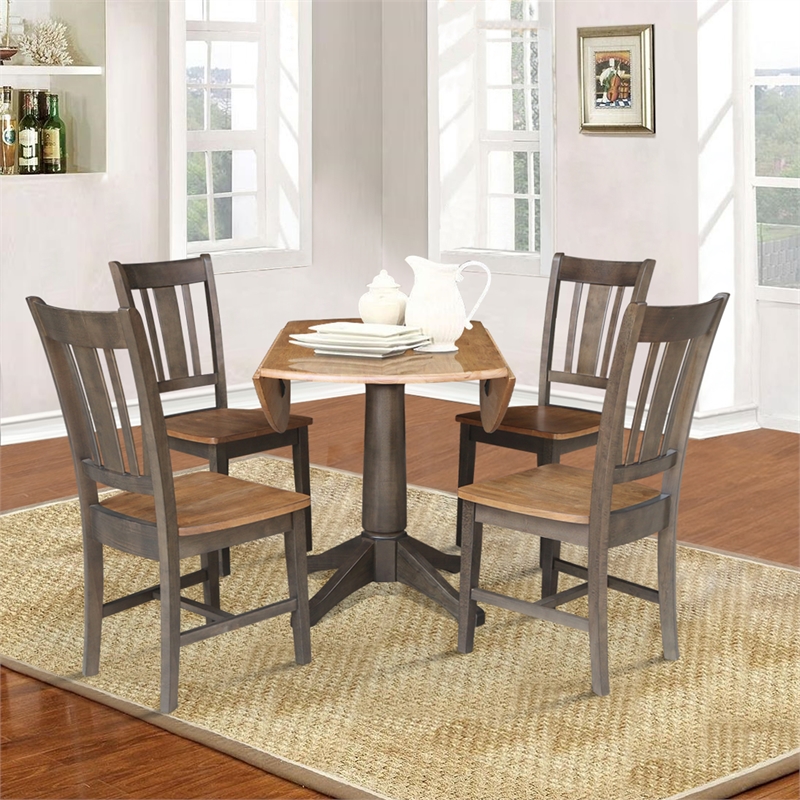 Wood 42 in. Round Drop Leaf Dining Table with 4 Chairs in Hickory/Washed Coal