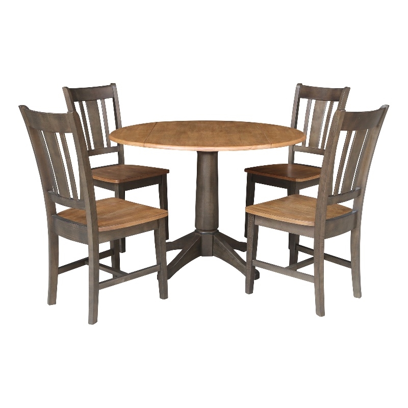 Wood 42 in. Round Drop Leaf Dining Table with 4 Chairs in Hickory/Washed Coal