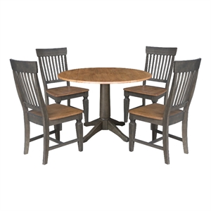Wood 42 in. Round Drop Leaf Dining Table with 4 Chairs in Hickory/Washed Coal