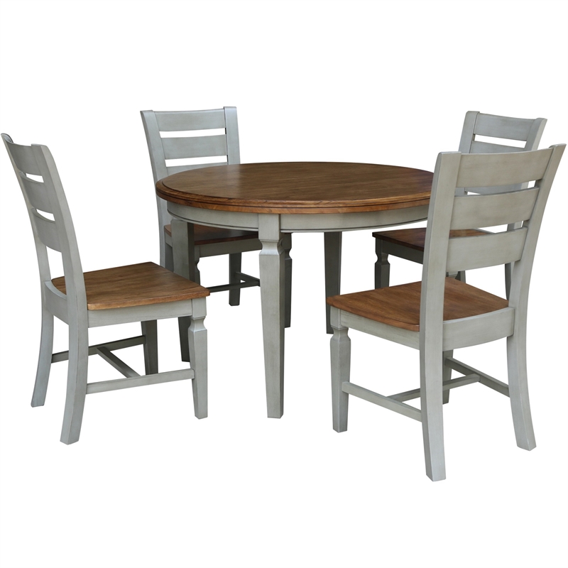 44 in Round Wood Dining Table with 4 Ladderback Chairs in Hickory/Stone