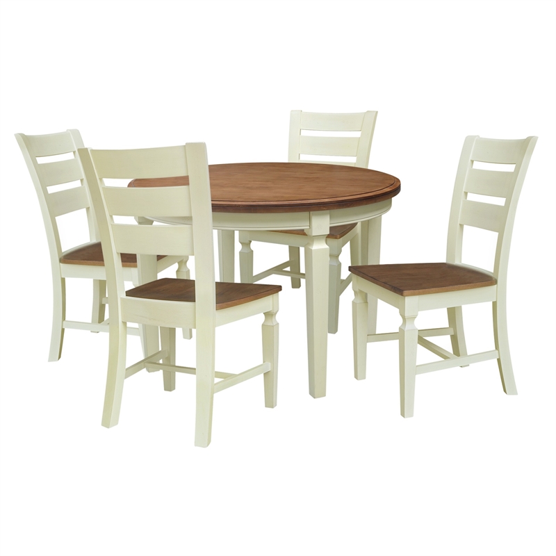 44 in Round Wood Dining Table with 4 Ladderback Chairs in Hickory/Shell