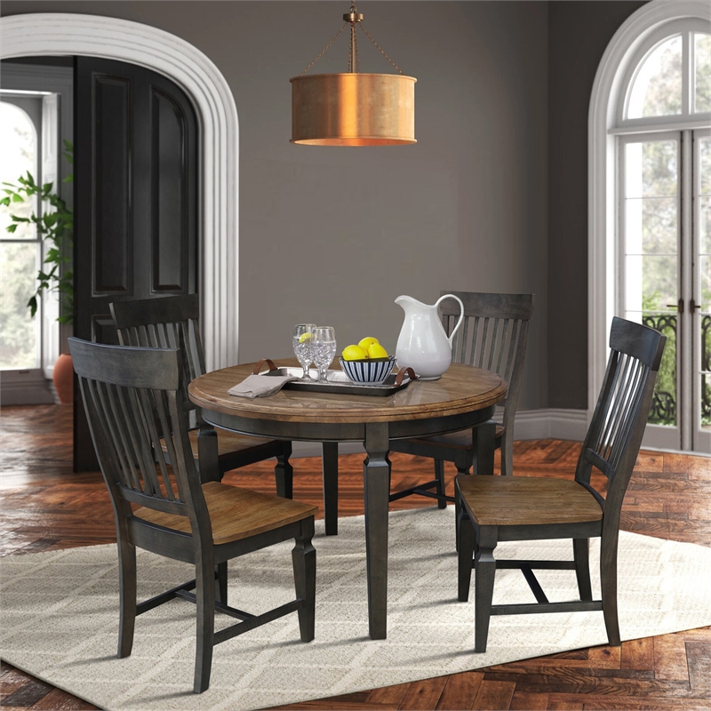 44 in Round Wood Dining Table with 4 Slatback  Chairs in Hickory/Washed Coal