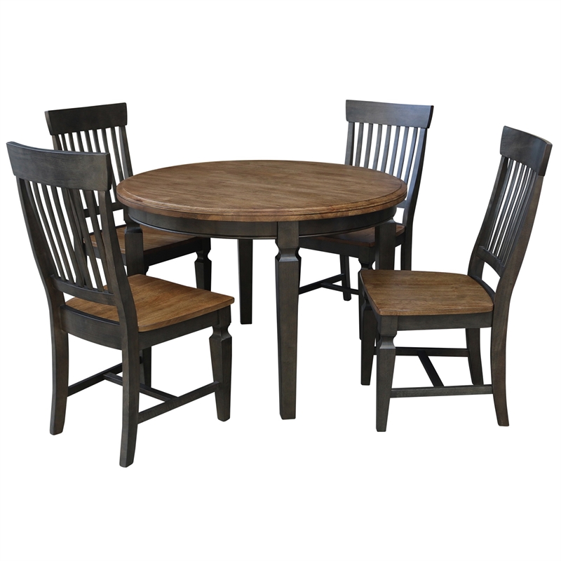 44 in Round Wood Dining Table with 4 Slatback  Chairs in Hickory/Washed Coal