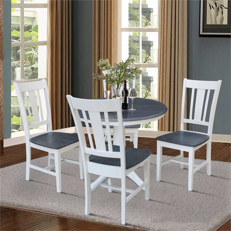 36 in Round Wood Pedestal Dining Table with 4 Chairs in White and Heather Gray