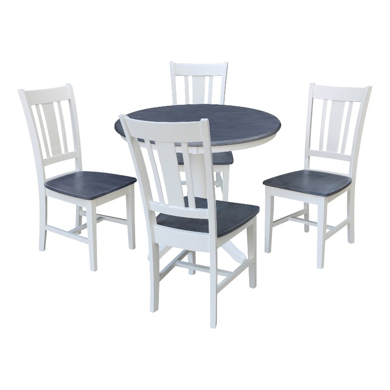 36 in Round Wood Pedestal Dining Table with 4 Chairs in White and Heather Gray