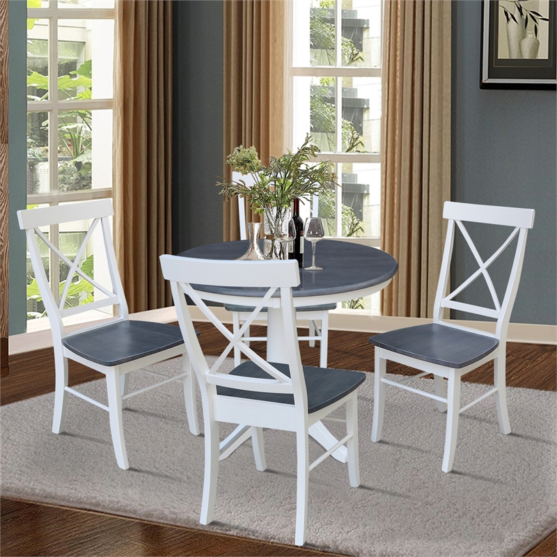 36 in Round Wood Pedestal Dining Table with 4 Chairs in White and Heather Gray