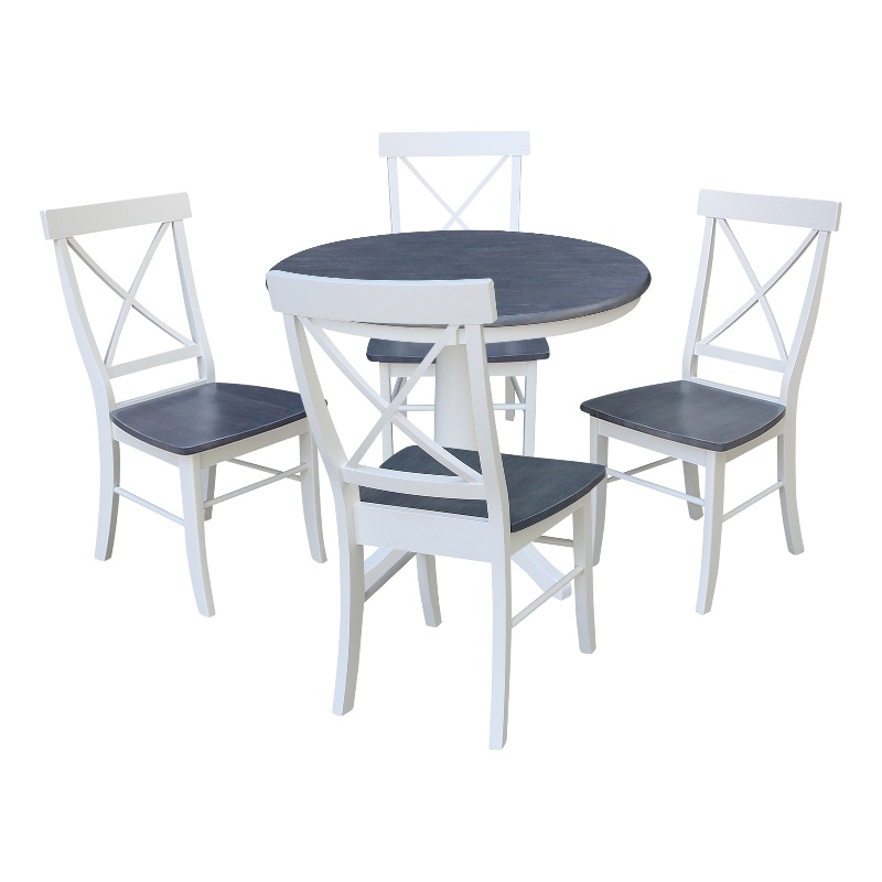 36 in Round Wood Pedestal Dining Table with 4 Chairs in White and Heather Gray