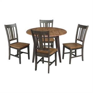 42&quot Round Solid Wood Dual Drop Leaf Table with 4 Chairs in Hickory/Washed Coal