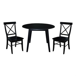 42&quot Round Solid Wood Dual Drop Leaf Table with 2 Chairs in Black