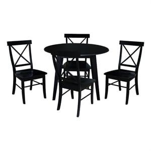 42&quot Round Solid Wood Dual Drop Leaf Table with 4 Chairs in Black