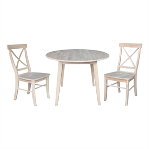 42&quot Round Solid Wood Dual Drop Leaf Table with 2 Chairs in Unfinished