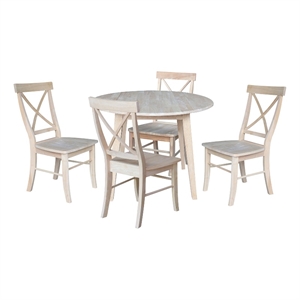 42&quot Round Solid Wood Dual Drop Leaf Table with 4 Chairs in Unfinished