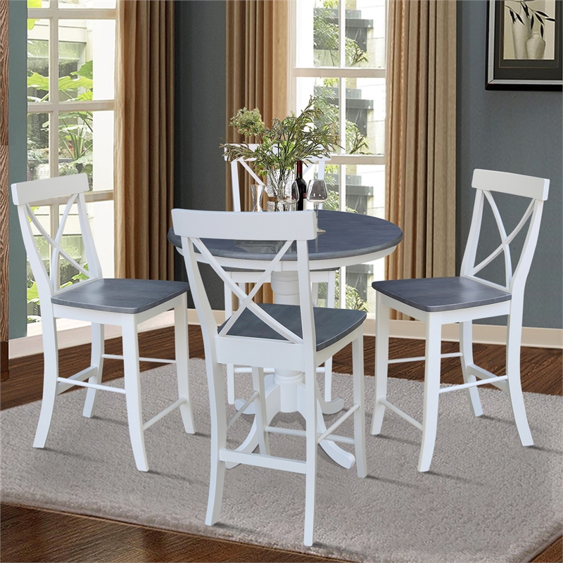 36 in Gathering Ht Wood Dining Table with 4 X-back Stools in White/Heather Gray