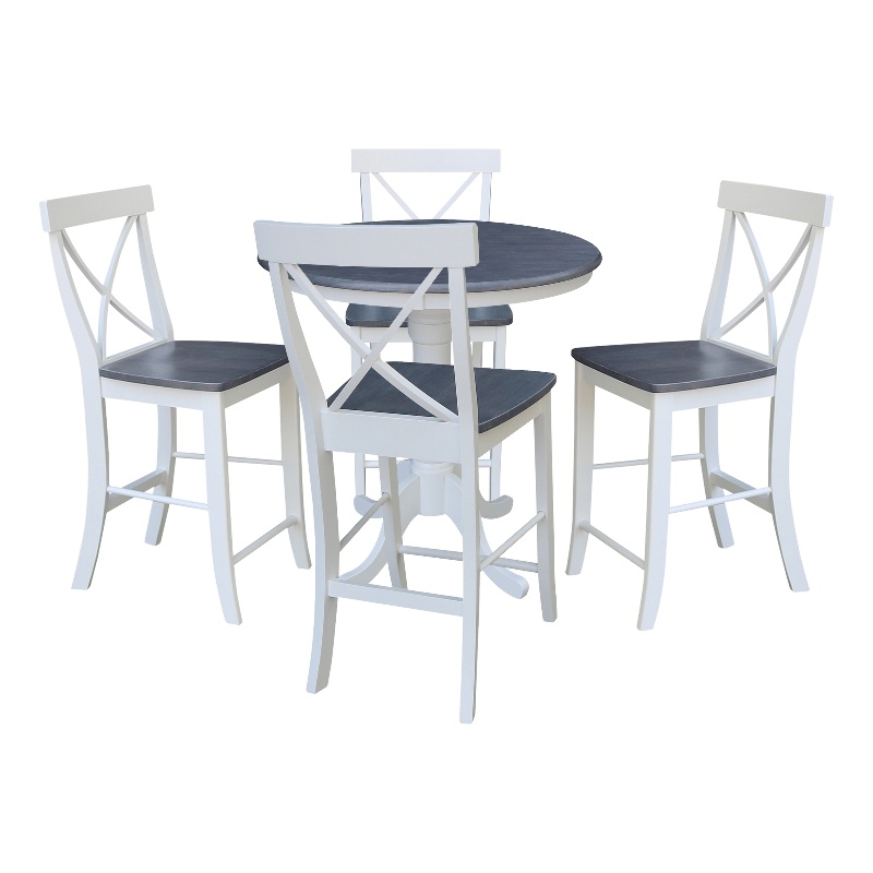 36 in Gathering Ht Wood Dining Table with 4 X-back Stools in White/Heather Gray
