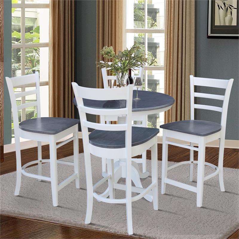 36 in Gathering Ht Wood Dining Table with 4 Emily Stools in White/Heather Gray