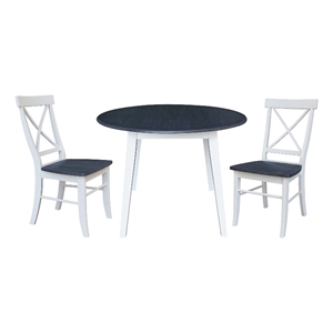 42&quot Round Solid Wood Dual Drop Leaf Table with 2 Chairs in White/Heather Gray