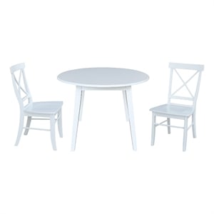 42&quot Round Solid Wood Dual Drop Leaf Table with 2 Chairs in White
