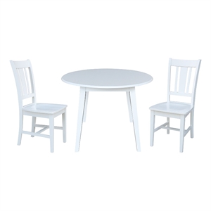 42&quot Round Solid Wood Dual Drop Leaf Table with 2 Chairs in White